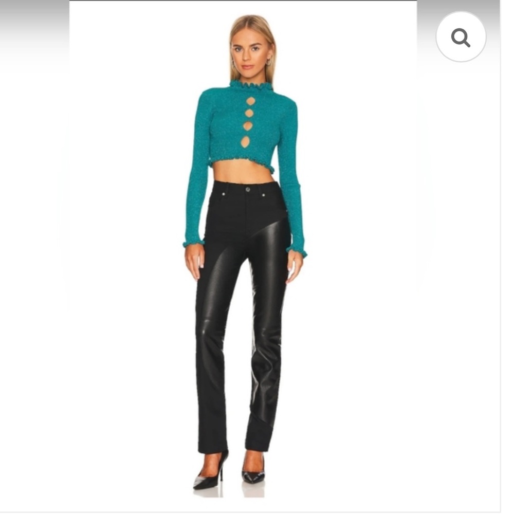 For Love & Lemons Sparkle Blue Turtleneck Keyhole Sweater With Ruffled Accents